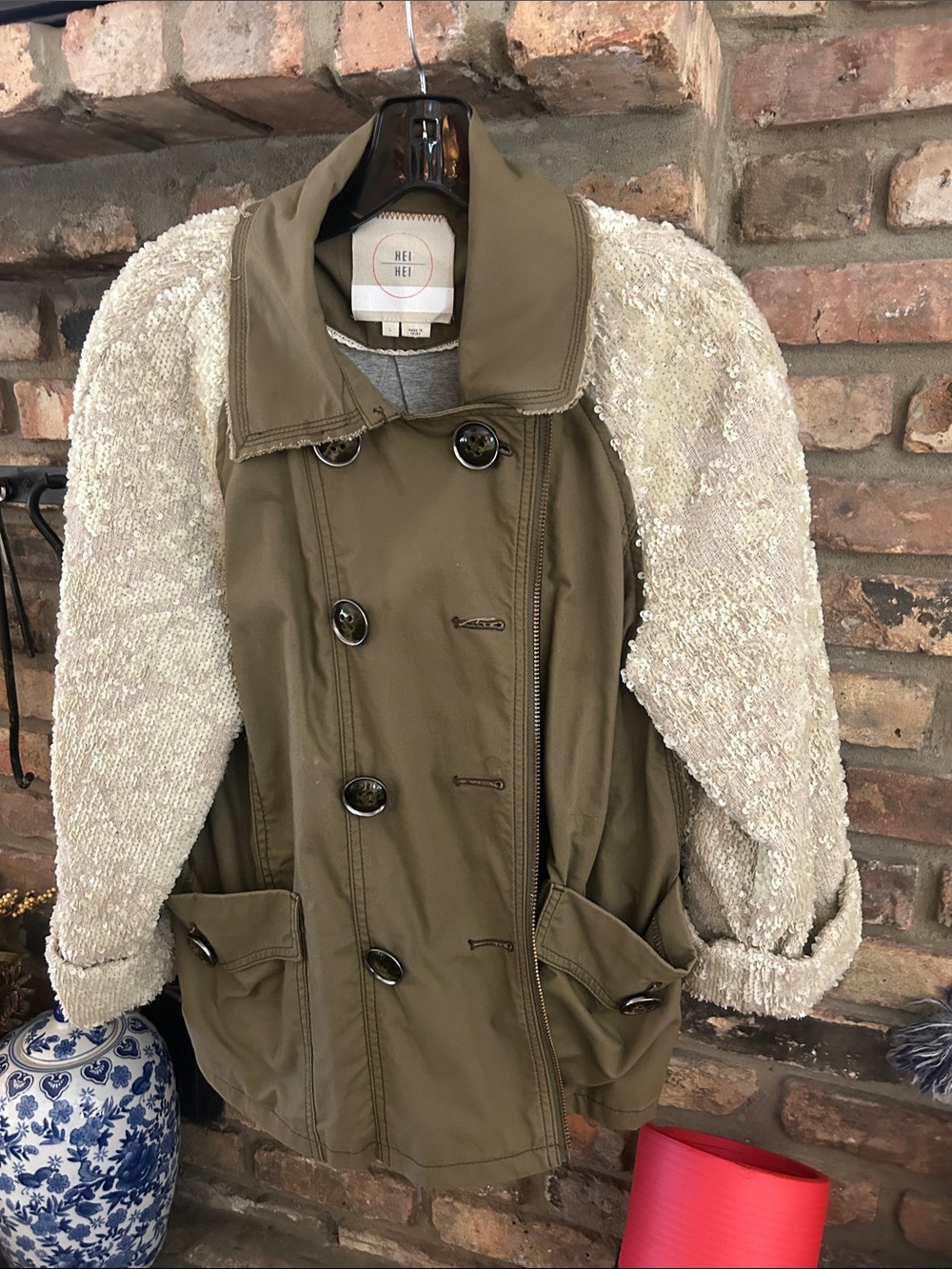 Anthropologie Olive Utility Jacket with Cream Bouclé Sleeves